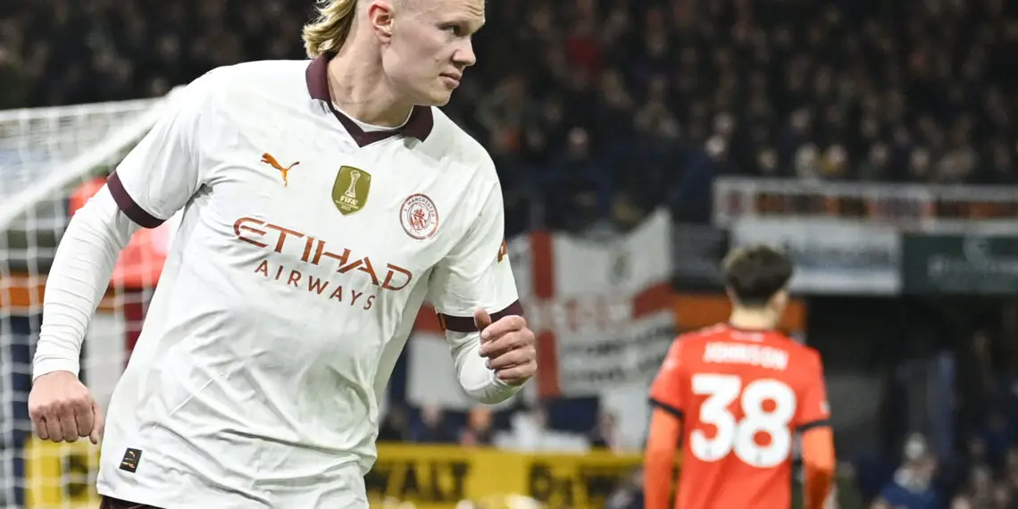 Manchester City's Norwegian striker #09 Erling Haaland celebrates after scoring his team third goal during the English FA Cup fifth round football match between Luton Town and Manchester City at Kenilworth Road stadium in Luton, central England, on February 27, 2024. (Photo by JUSTIN TALLIS / AFP) / RESTRICTED TO EDITORIAL USE. No use with unauthorized audio, video, data, fixture lists, club/league logos or 'live' services. Online in-match use limited to 120 images. An additional 40 images may be used in extra time. No video emulation. Social media in-match use limited to 120 images. An additional 40 images may be used in extra time. No use in betting publications, games or single club/league/player publications. /  (Photo by JUSTIN TALLIS/AFP via Getty Images)