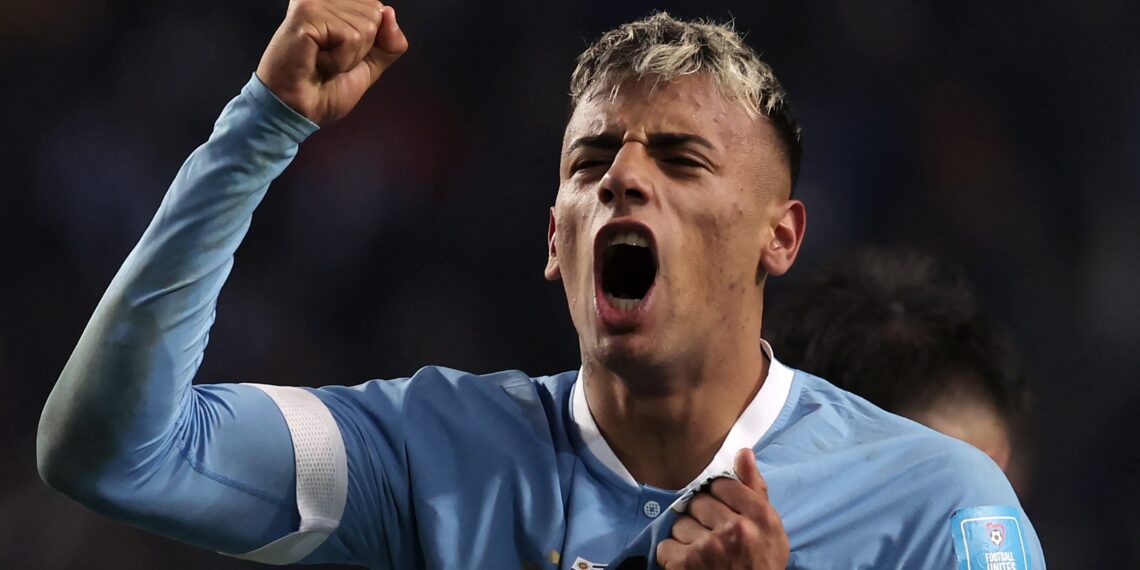 TOPSHOT - Uruguay's forward Luciano Rodriguez celebrates after scoring during the Argentina 2023 U-20 World Cup final match between Uruguay and Italy at the Estadio Unico Diego Armando Maradona stadium in La Plata, Argentina, on June 11, 2023. (Photo by Alejandro PAGNI / AFP) (Photo by ALEJANDRO PAGNI/AFP via Getty Images)