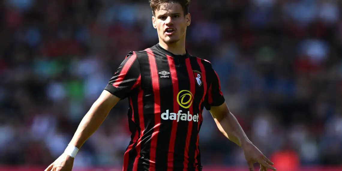 BOURNEMOUTH, ENGLAND - JULY 29: Milos Kerkez of Bournemouth look on during the pre-season friendly match between AFC Bournemouth and Atalanta at Vitality Stadium on July 29, 2023 in Bournemouth, England. (Photo by Mike Hewitt/Getty Images)