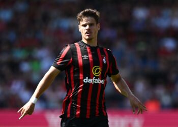 BOURNEMOUTH, ENGLAND - JULY 29: Milos Kerkez of Bournemouth look on during the pre-season friendly match between AFC Bournemouth and Atalanta at Vitality Stadium on July 29, 2023 in Bournemouth, England. (Photo by Mike Hewitt/Getty Images)