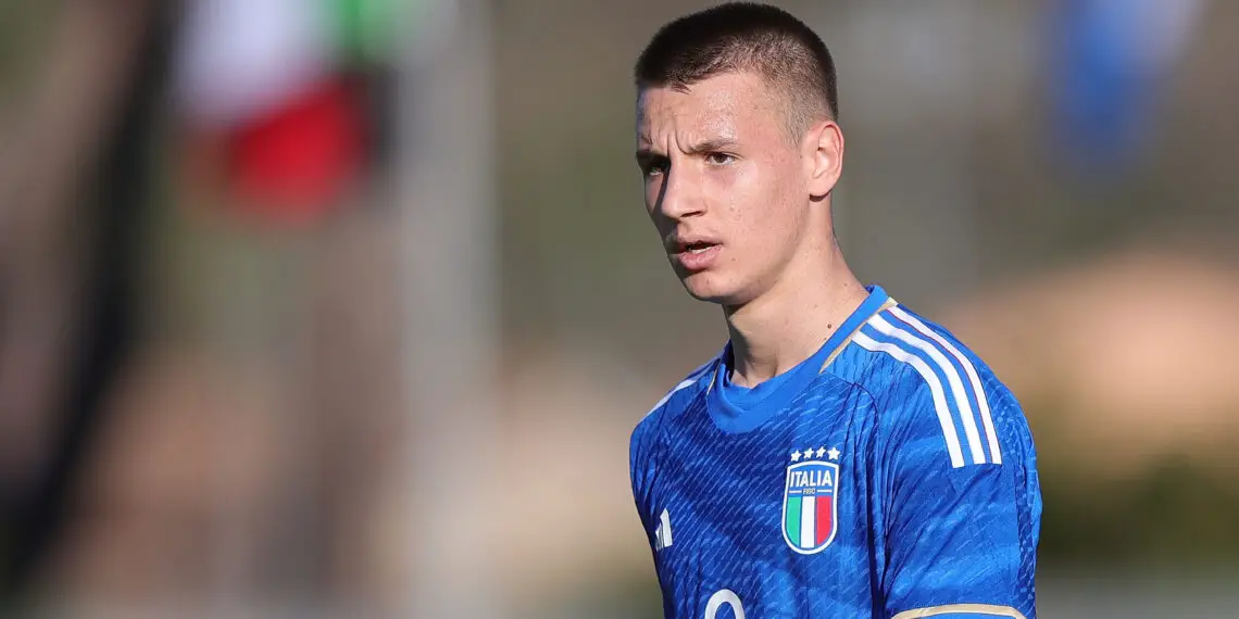 FLORENCE, ITALY - FEBRUARY 13: Francesco Camarda of Italy U17 looks on during the International friendly match between Italy U17 and France U17 at Centro Tecnico Federale di Coverciano on February 13, 2024 in Florence, Italy. (Photo by Gabriele Maltinti/Getty Images)