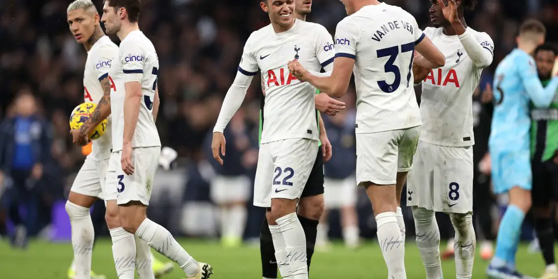LONDON, ENGLAND - FEBRUARY 10: Brennan Johnson of Spurs is congratulated after the Premier League match between Tottenham Hotspur and Brighton & Hove Albion at Tottenham Hotspur Stadium on February 10, 2024 in London, England. (Photo by Julian Finney/Getty Images)