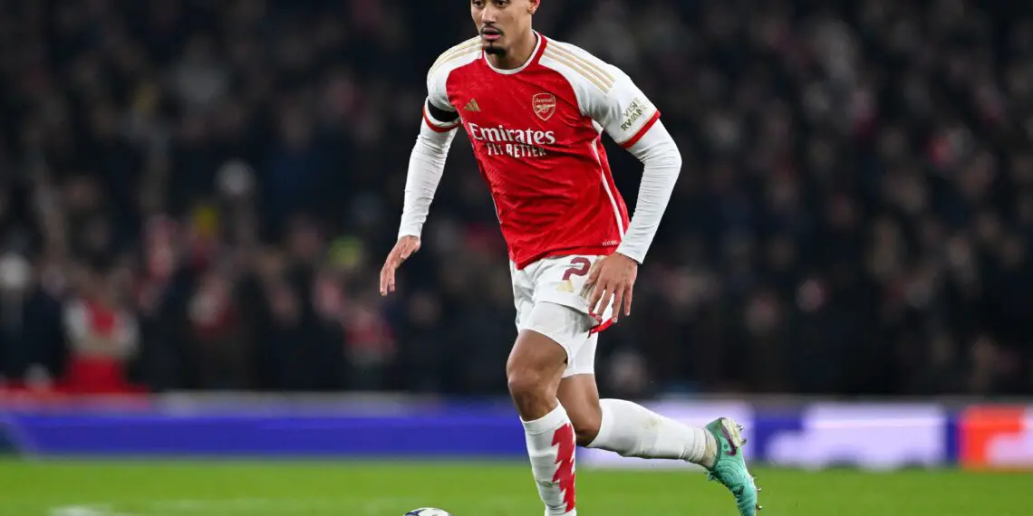 LONDON, ENGLAND - NOVEMBER 29: William Saliba of Arsenal in action during the UEFA Champions League match between Arsenal FC and RC Lens at Emirates Stadium on November 29, 2023 in London, England. (Photo by Mike Hewitt/Getty Images)