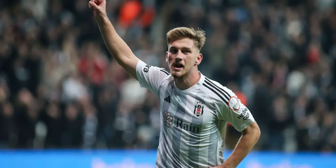ISTANBUL, TURKEY - FEBRUARY 4: Semih Kilicsoy of Besiktas celebrates after scoring his team's second goal during the Turkish Super League match between Besiktas and Trabzonspor at Vodafone stadium on February 4, 2024 in Istanbul, Turkey. (Photo by Ahmad Mora/Getty Images)