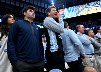 Drake Maye watching the game against the Duke Blue Devils at the Dean E. Smith Center.