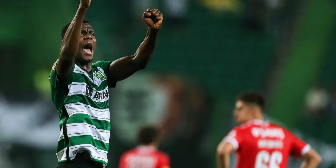 Sporting's Ivorian defender Ousmane Diomande celebrates scoring his team's second goal during the Portuguese league football match between Sporting CP and SL Benfica at the Jose Alvalade stadium in Lisbon on May 21, 2023. (Photo by CARLOS COSTA / AFP) (Photo by CARLOS COSTA/AFP via Getty Images)