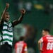 Sporting's Ivorian defender Ousmane Diomande celebrates scoring his team's second goal during the Portuguese league football match between Sporting CP and SL Benfica at the Jose Alvalade stadium in Lisbon on May 21, 2023. (Photo by CARLOS COSTA / AFP) (Photo by CARLOS COSTA/AFP via Getty Images)
