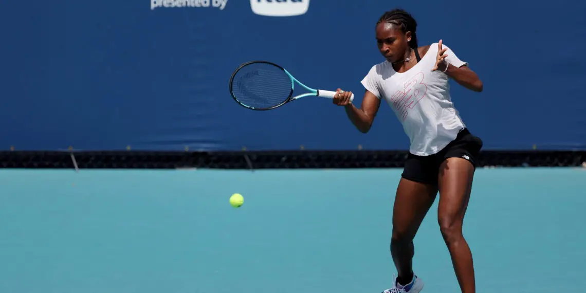 MIAMI GARDENS, FLORIDA - MARCH 20: Coco Gauff of the United States practices during the Miami Open at Hard Rock Stadium on March 20, 2024 in Miami Gardens, Florida. (Photo by Megan Briggs/Getty Images)