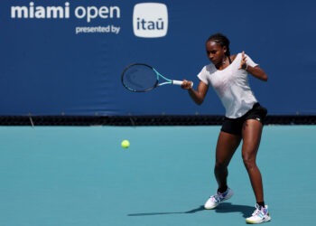 MIAMI GARDENS, FLORIDA - MARCH 20: Coco Gauff of the United States practices during the Miami Open at Hard Rock Stadium on March 20, 2024 in Miami Gardens, Florida. (Photo by Megan Briggs/Getty Images)