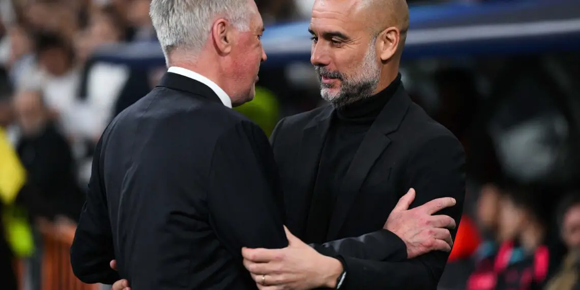 Carlo Ancelotti, Head Coach of Real Madrid, and Pep Guardiola, Manager of Manchester City