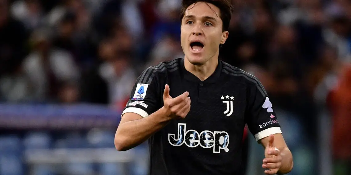 Juventus' Italian forward #07 Federico Chiesa reacts during the Italian Serie A football match between Lazio and Juventus at the Olympic stadium in Rome, on March 30, 2024. (Photo by Filippo MONTEFORTE / AFP) (Photo by FILIPPO MONTEFORTE/AFP via Getty Images)