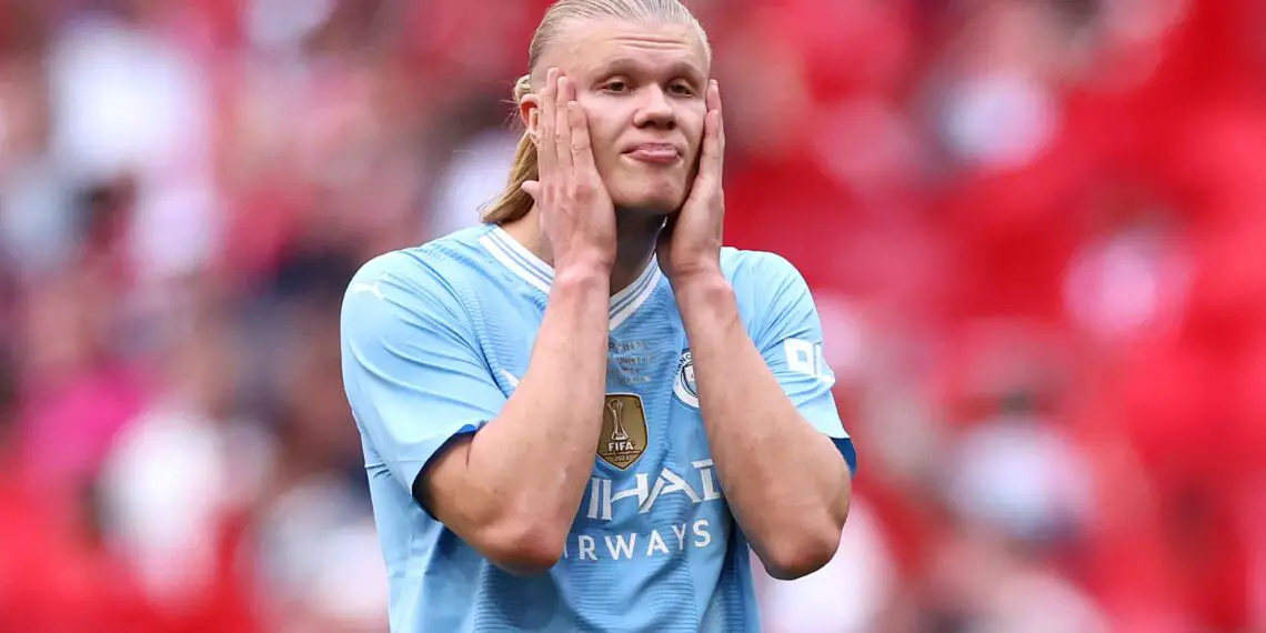 LONDON, ENGLAND - MAY 25: Erling Haaland of Manchester City looks dejected after the team's defeat in the Emirates FA Cup Final match between Manchester City and Manchester United at Wembley Stadium on May 25, 2024 in London, England. (Photo by Alex Pantling/Getty Images )