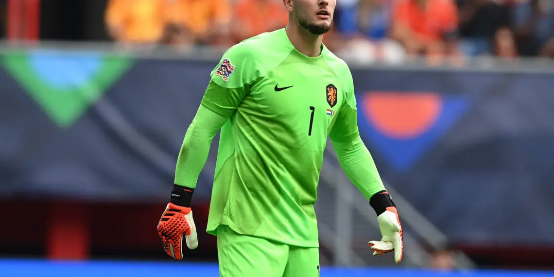 ENSCHEDE, NETHERLANDS - JUNE 18: Justin Bijlow of Netherlands in action during the UEFA Nations League 2022/23 third-place match between Netherlands and Italy at FC Twente Stadium on June 18, 2023 in Enschede, Netherlands. (Photo by Claudio Villa/Getty Images)