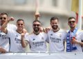 MADRID, SPAIN - MAY 12: Players of Real Madrid CF pose during the celebration of the 36th Spanish soccer league at Cibeles on May 12, 2024 in Madrid, Spain. (Photo by Florencia Tan Jun/Getty Images)