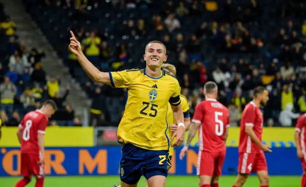 Celtic defender Gustaf Lagerbielke celebrates his goal for Sweden