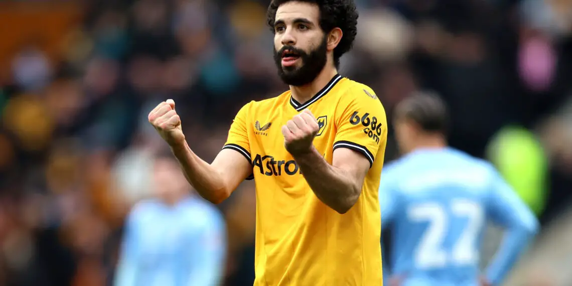 WOLVERHAMPTON, ENGLAND - MARCH 16: Rayan Ait-Nouri of Wolverhampton Wanderers celebrates after Hugo Bueno of Wolverhampton Wanderers scores his team's second goal during the Emirates FA Cup Quarter Final match between Wolverhampton Wanderers and Coventry City at Molineux on March 16, 2024 in Wolverhampton, England. (Photo by Nathan Stirk/Getty Images)