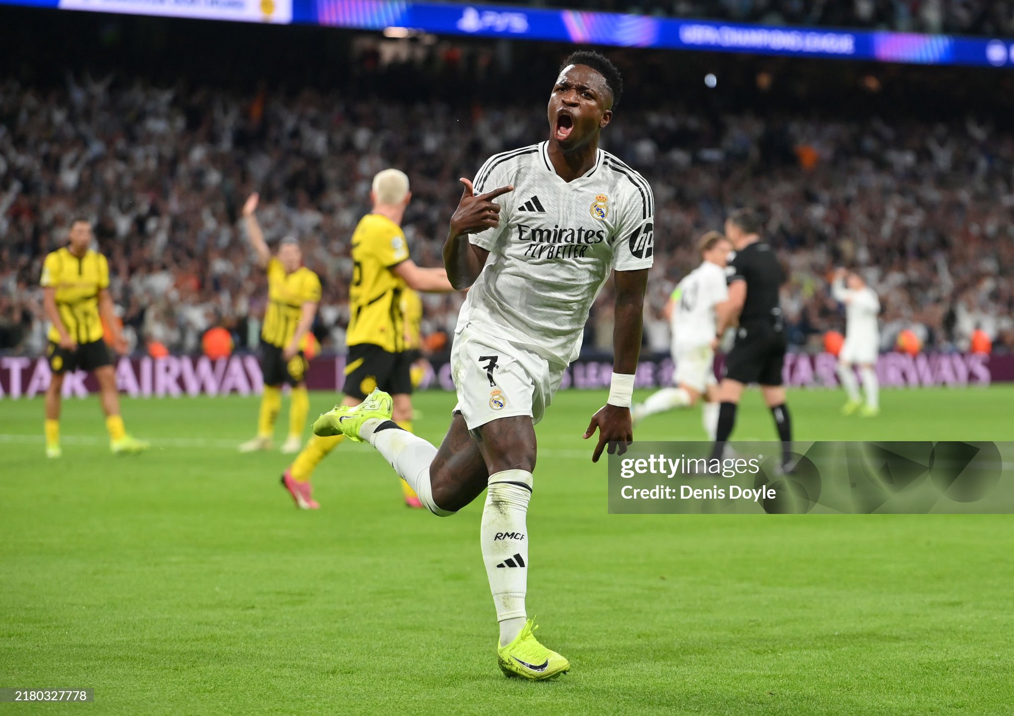 Real Madrid forward Vinicius Jr celebrates his goal against Borussia Dortmund