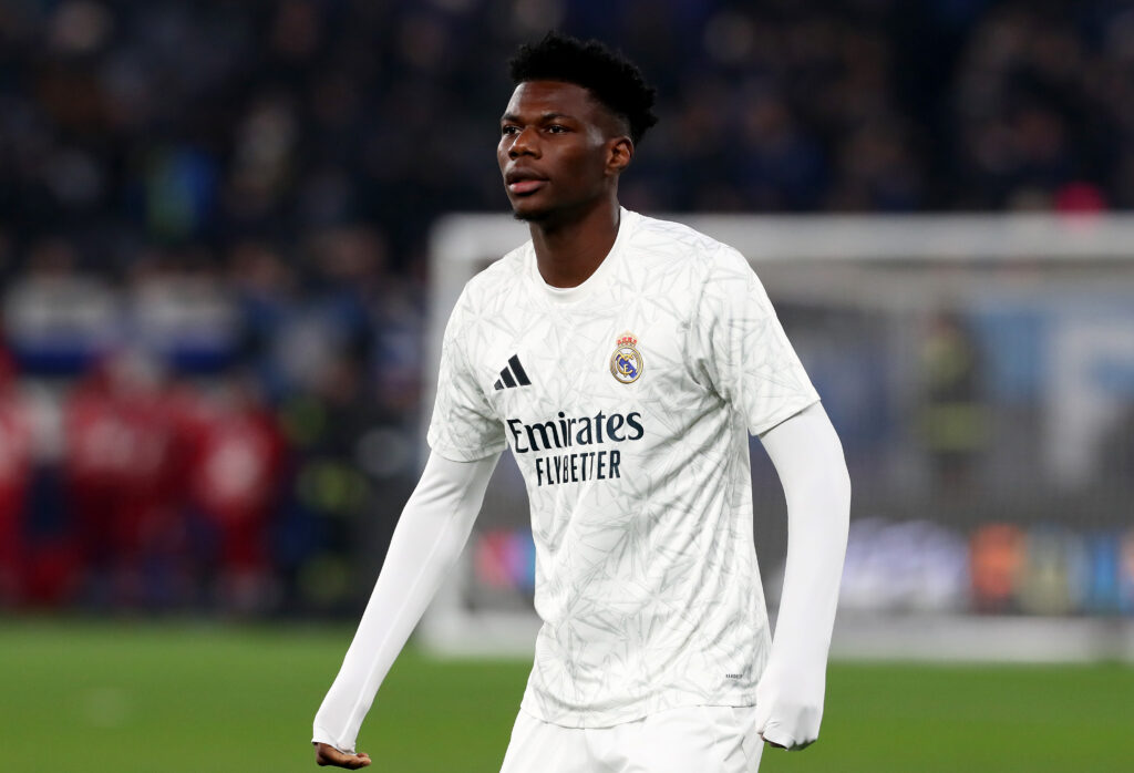 BERGAMO, ITALY - DECEMBER 10: Aurelien Tchouameni of Real Madrid looks on prior to the UEFA Champions League 2024/25 League Phase MD6 match between Atalanta BC and Real Madrid C.F. at Stadio di Bergamo on December 10, 2024 in Bergamo, Italy. (Photo by Marco Luzzani/Getty Images)