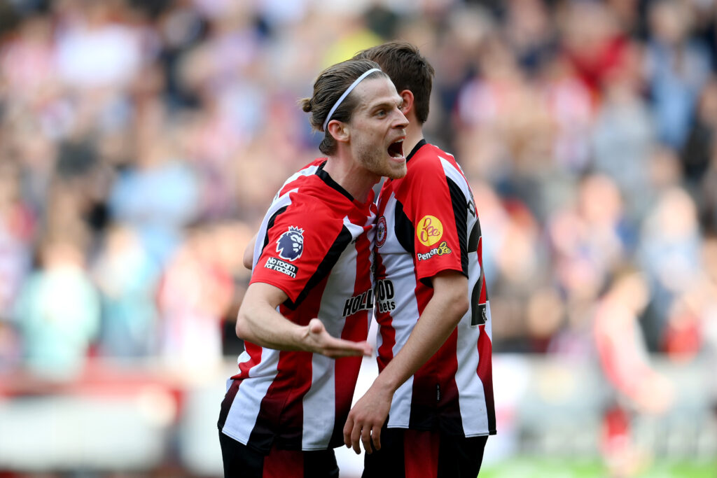 BRENTFORD, ENGLAND - APRIL 13: Mathias Jensen and Mikkel Damsgaard of Brentford celebrate after Oliver Luke Arblaster of Sheffield United scores a own goal during the Premier League match between Brentford FC and Sheffield United at Gtech Community Stadium on April 13, 2024 in Brentford, England. (Photo by Alex Broadway/Getty Images) (Photo by Alex Broadway/Getty Images)