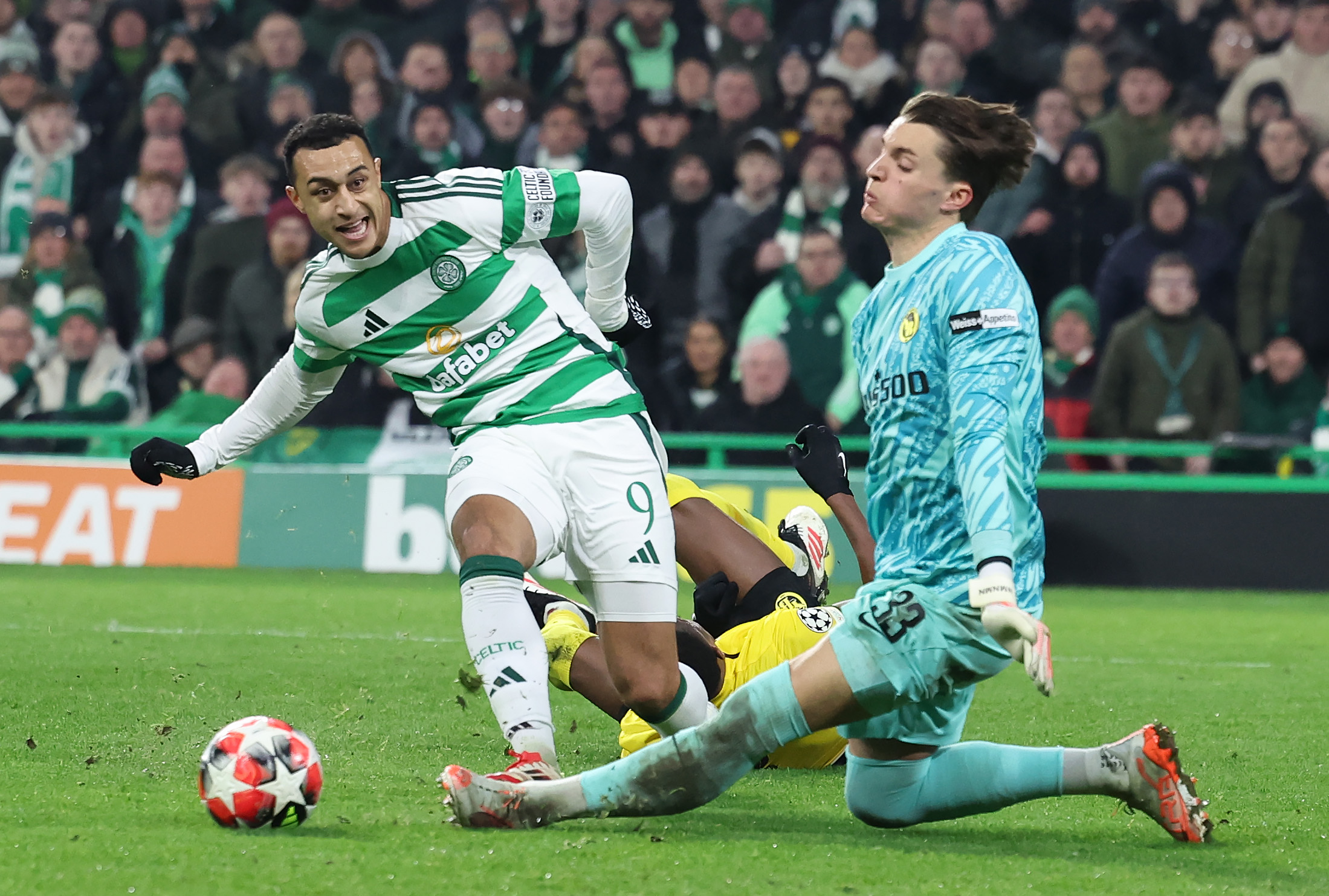 Celtic attacker Adam Idah in action against Young Boys