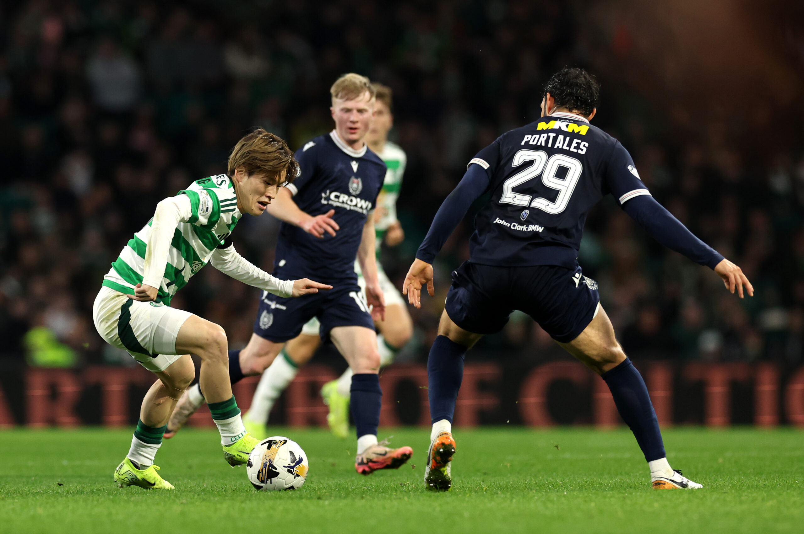 Celtic striker Kyogo Furuhashi in action against Dundee FC