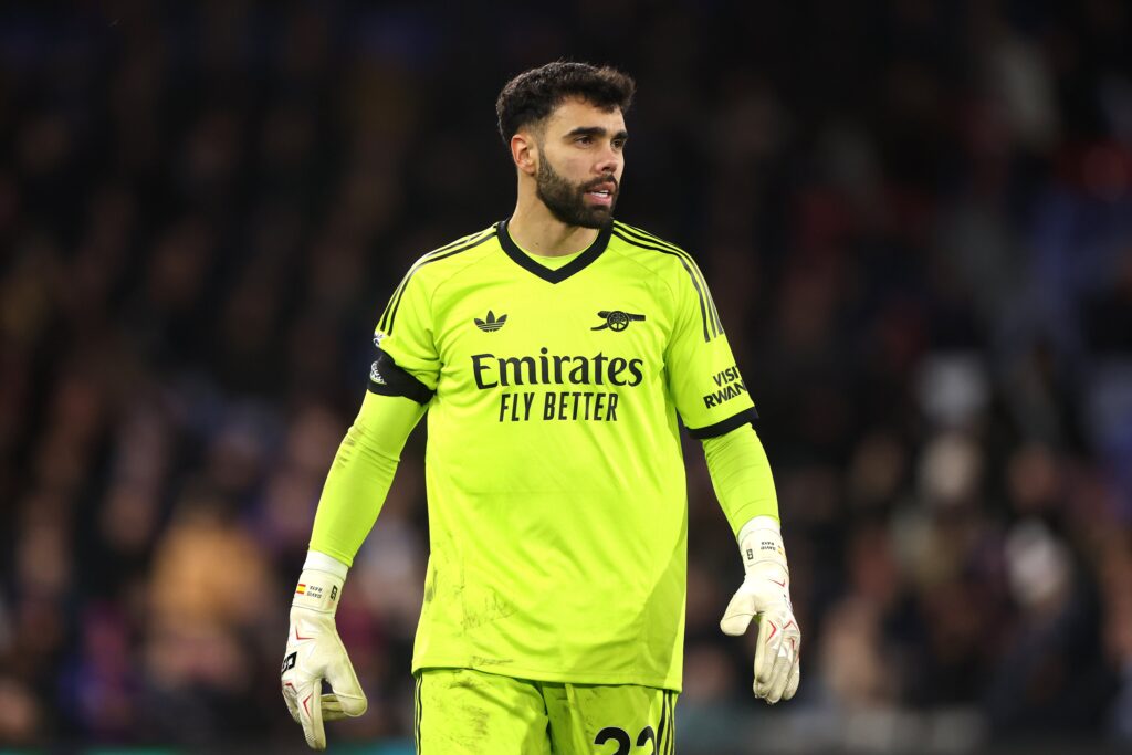 LONDON, ENGLAND - DECEMBER 21: David Raya of Arsenal during the Premier League match between Crystal Palace FC and Arsenal FC at Selhurst Park on December 21, 2024 in London, England. (Photo by Alex Pantling/Getty Images)