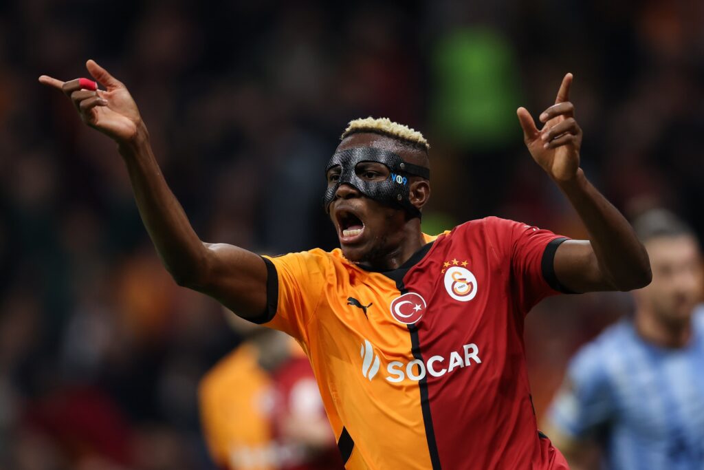 ISTANBUL, TURKEY - NOVEMBER 7: Victor Osimhen of Galatasaray reacts during the UEFA Europa League 2024/25 League Phase MD4 match between Galatasaray A.S. and Tottenham Hotspur at Ali Sami Yen Spor Kompleksi on November 07, 2024 in Istanbul, Turkey. (Photo by Ahmad Mora/Getty Images)