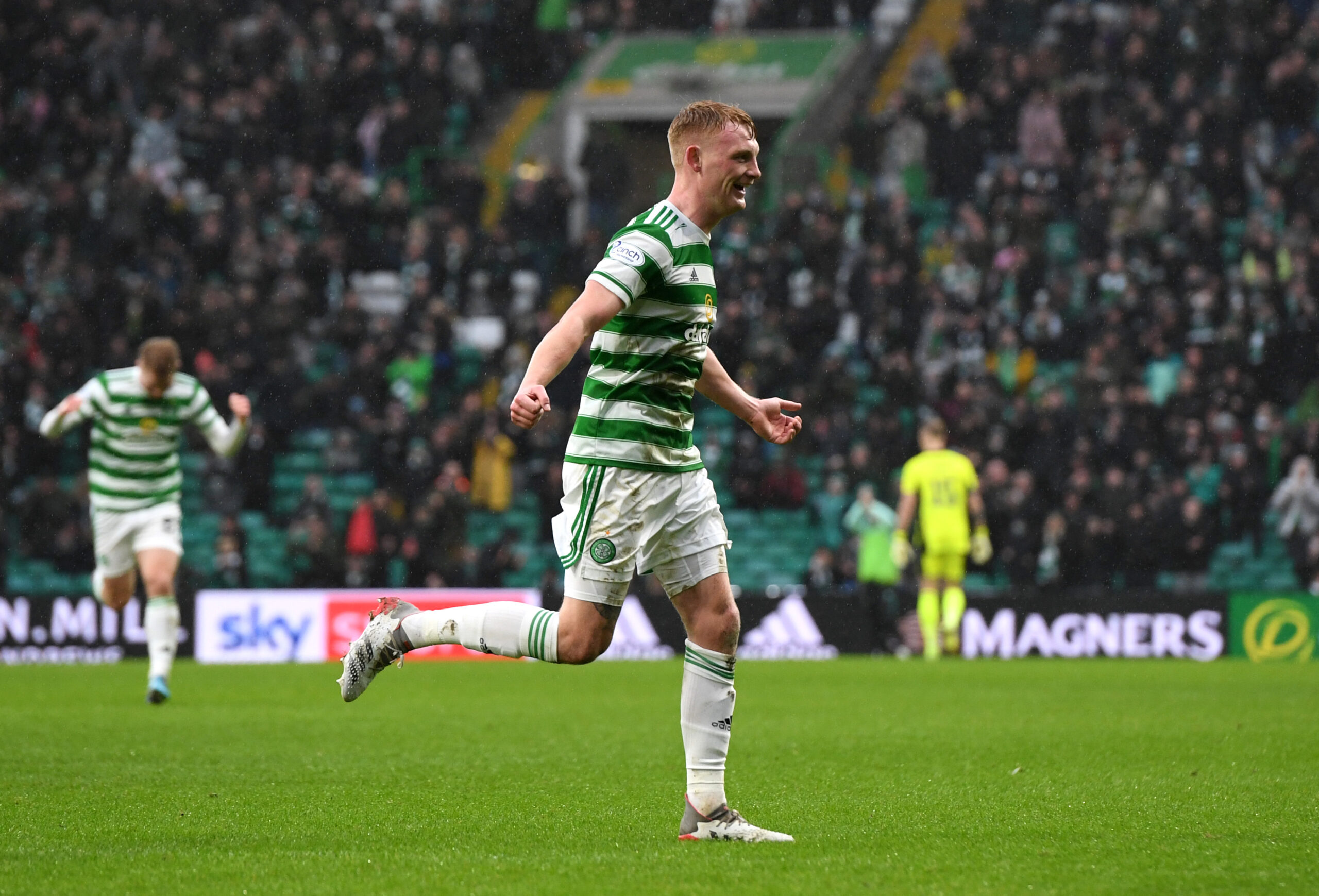 Celtic defender Liam Scales celebrates his goal against Raith Rovers