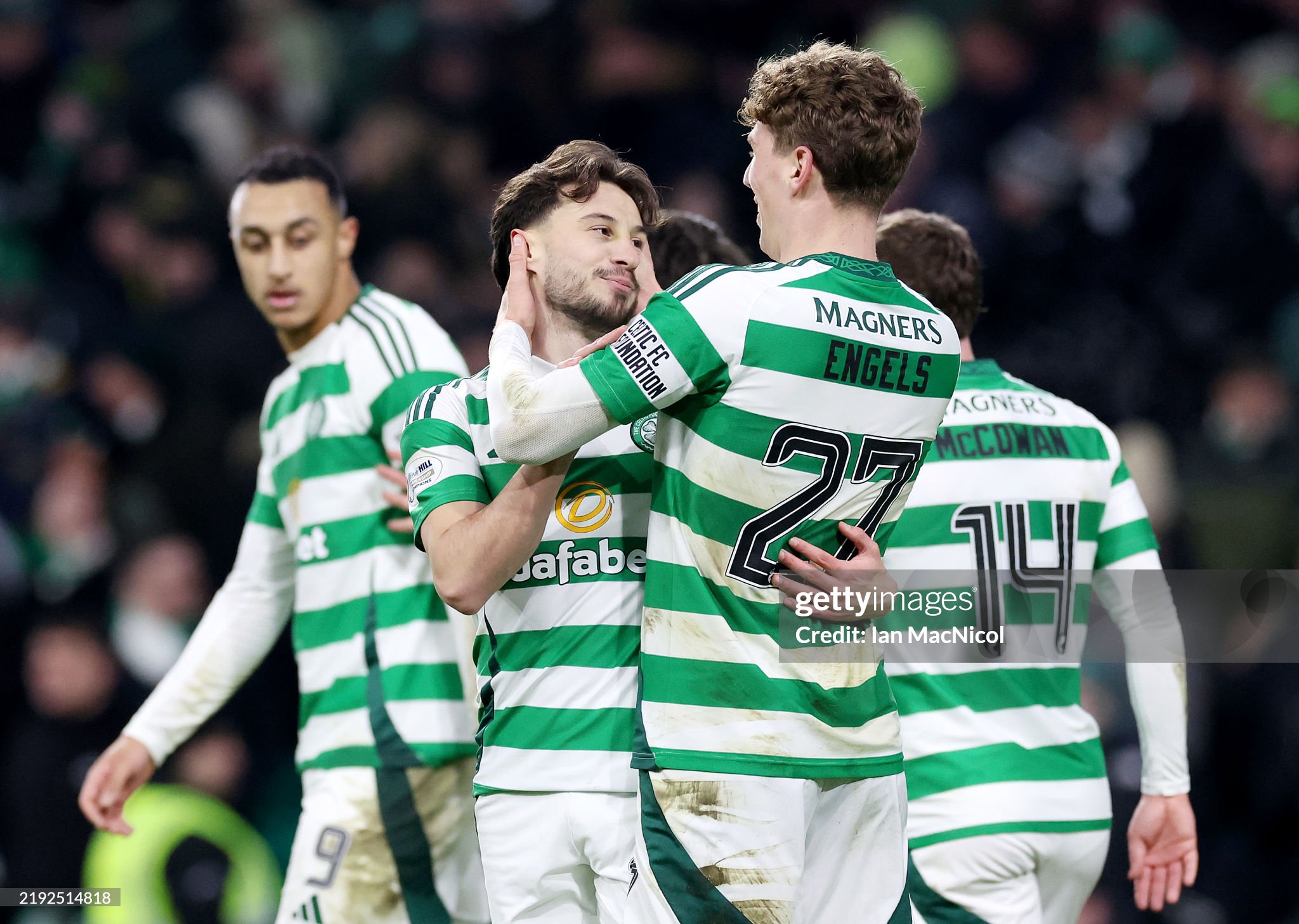 Celtic players Nicolas Kuhn and Arne Engels celebrate a goal