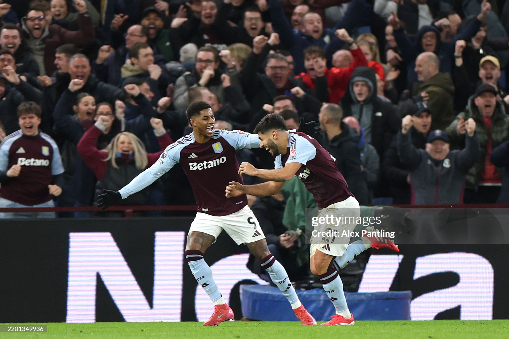 Aston Villa attacker Marcus Rashford celebrates Marco Asensio's goal