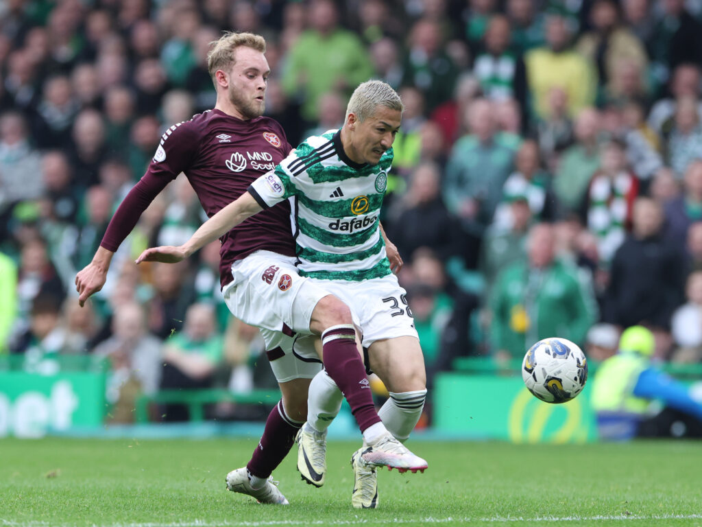 Celtic attacker Daizen Maeda in action against Hearts