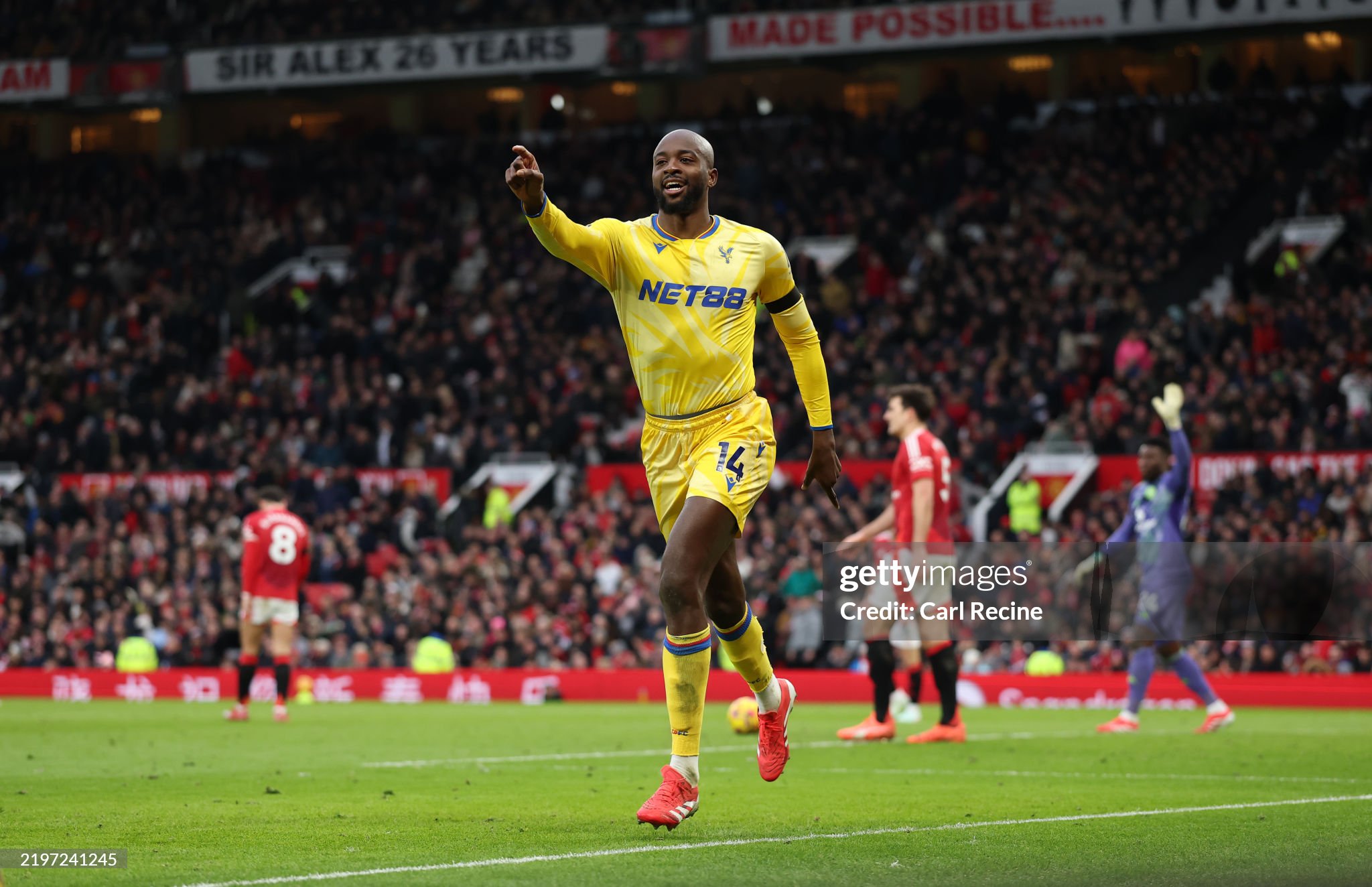 Mateta celebrates his goal against Manchester United