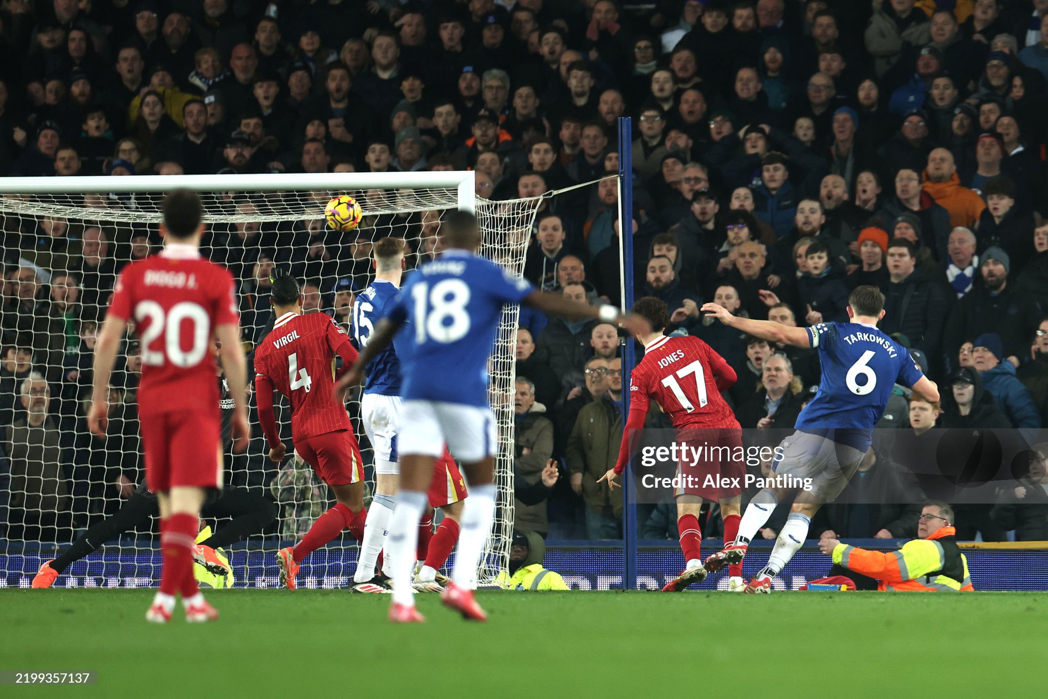Everton defender Tarkowski scores against Liverpool