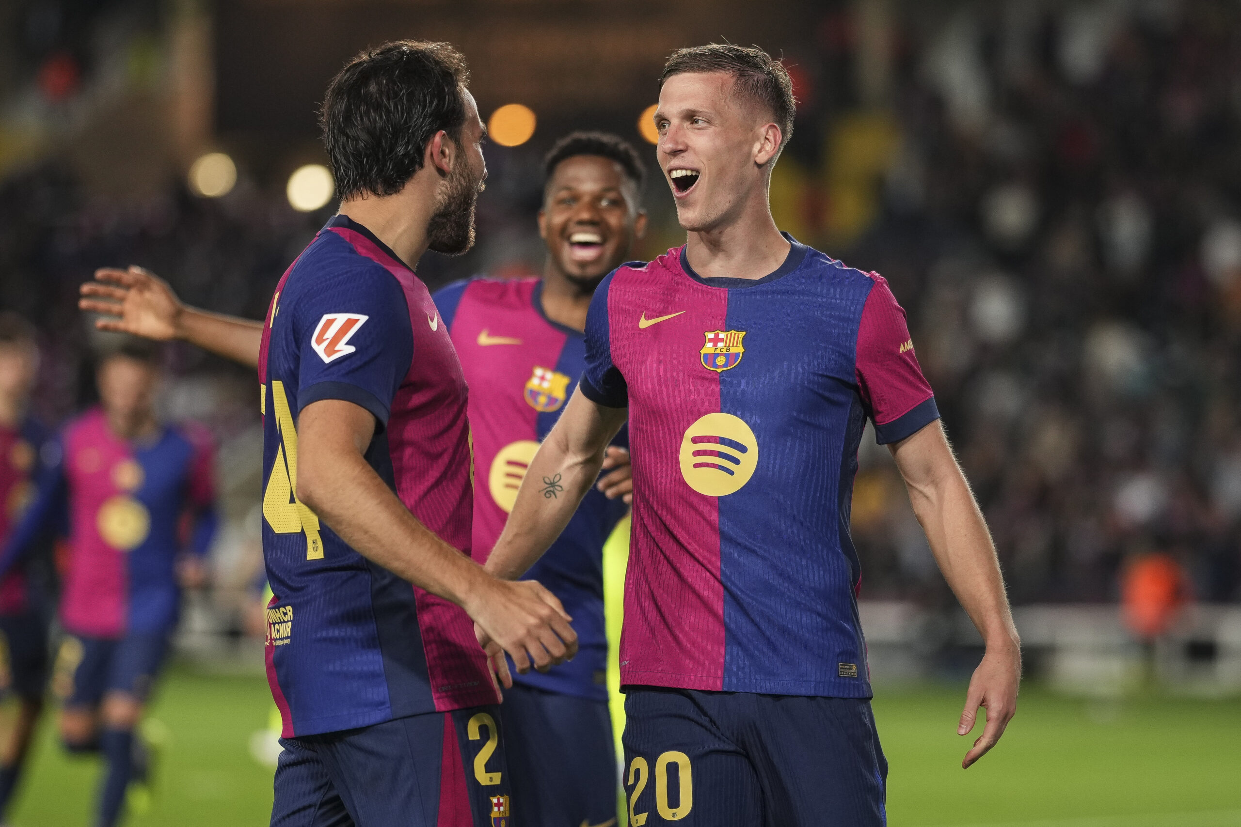 Manchester City target Dani Olmo celebrates his Barcelona goal