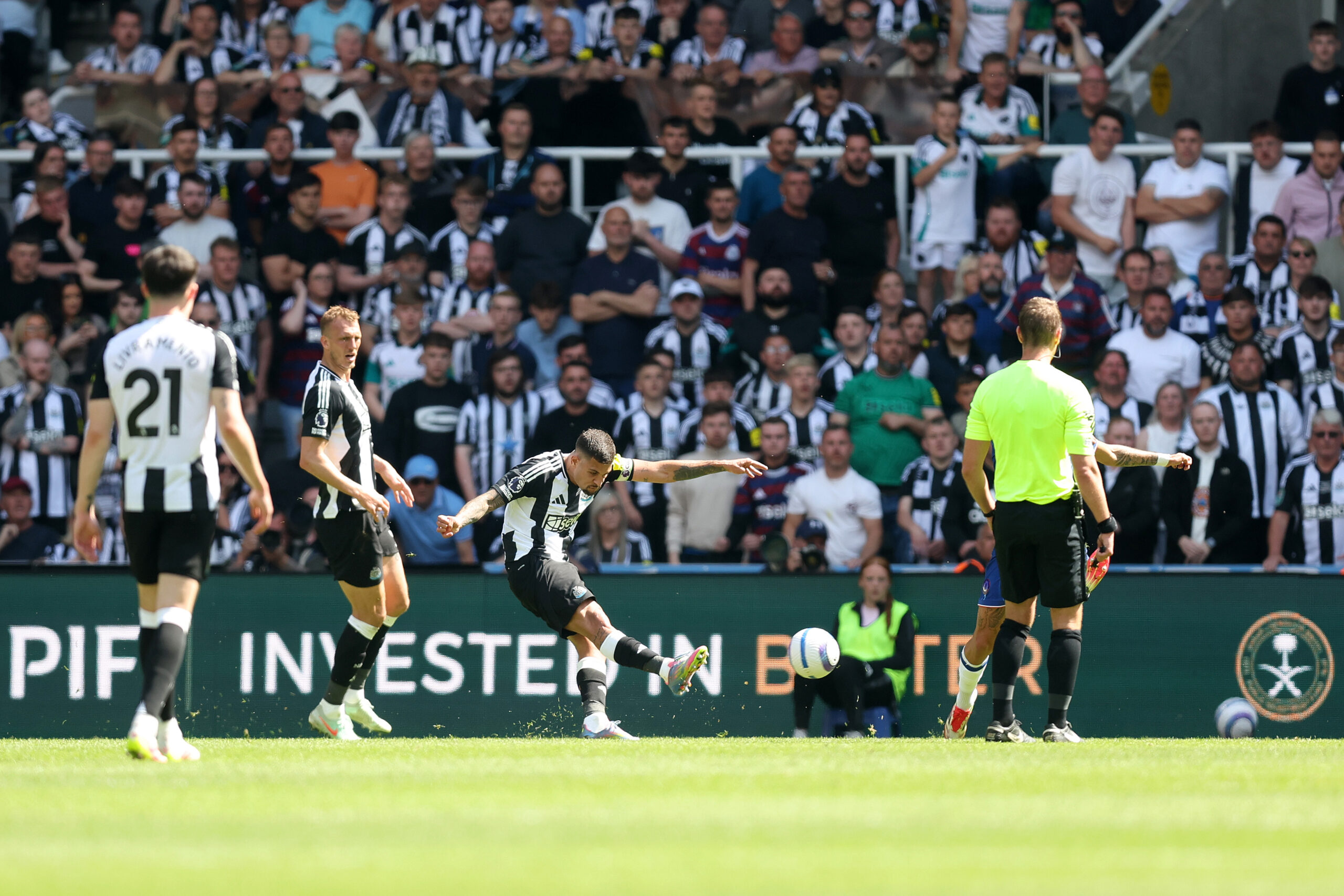 Newcastle United midfielder Bruno Guimaraes scores a goal