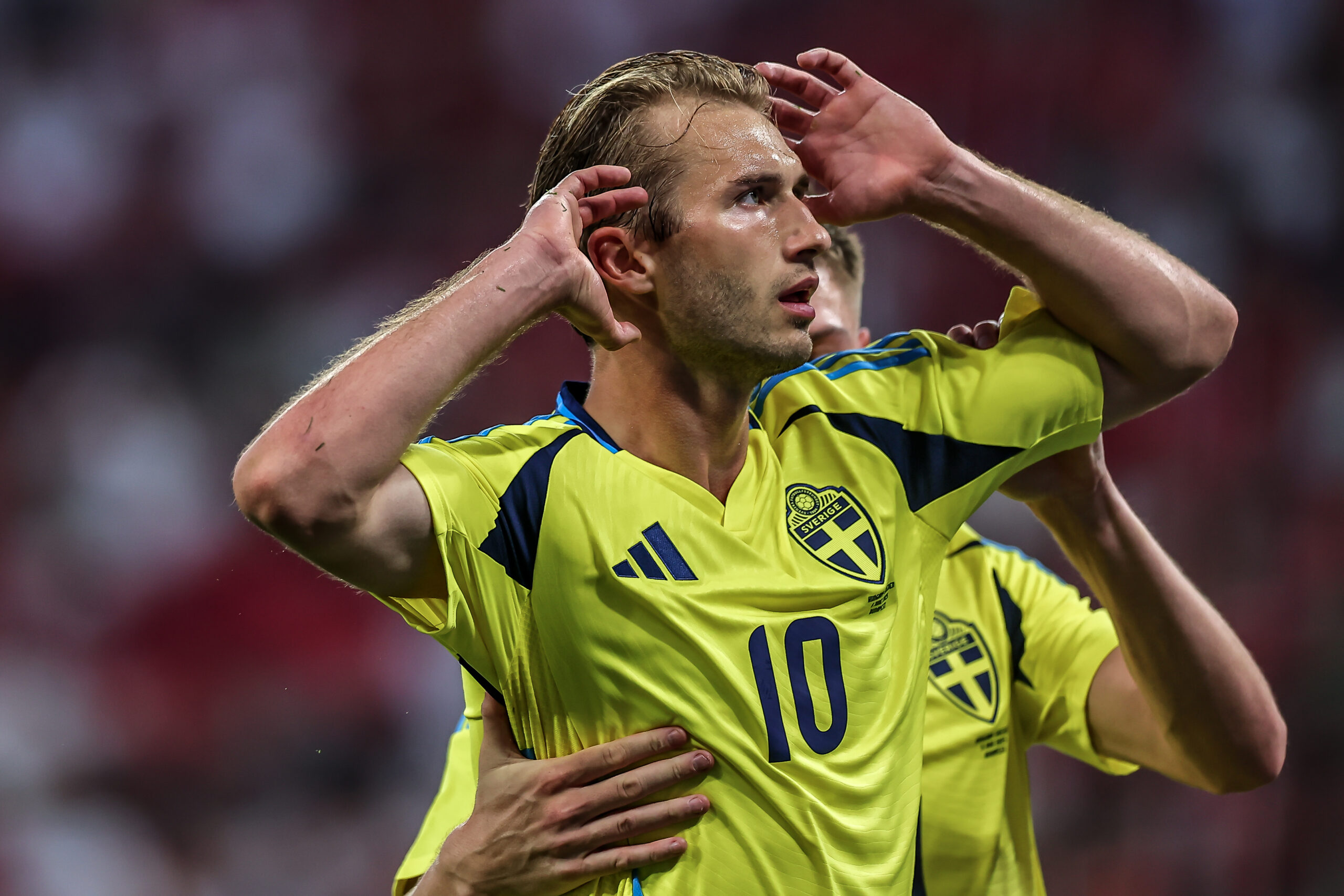 Celtic target Nygren celebrates his goal against Hungary