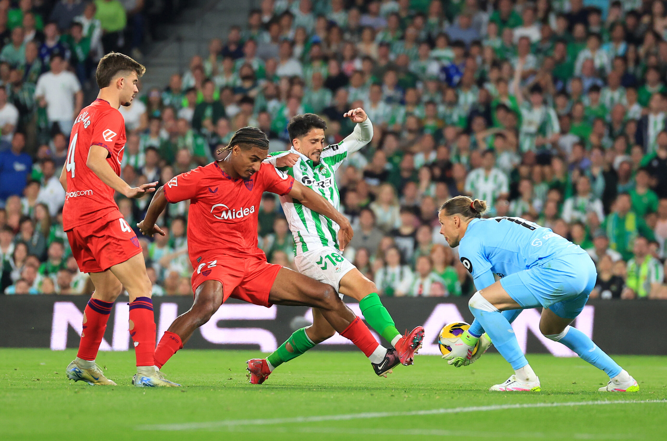 Aston Villa target Loic Bade in action against Real Betis