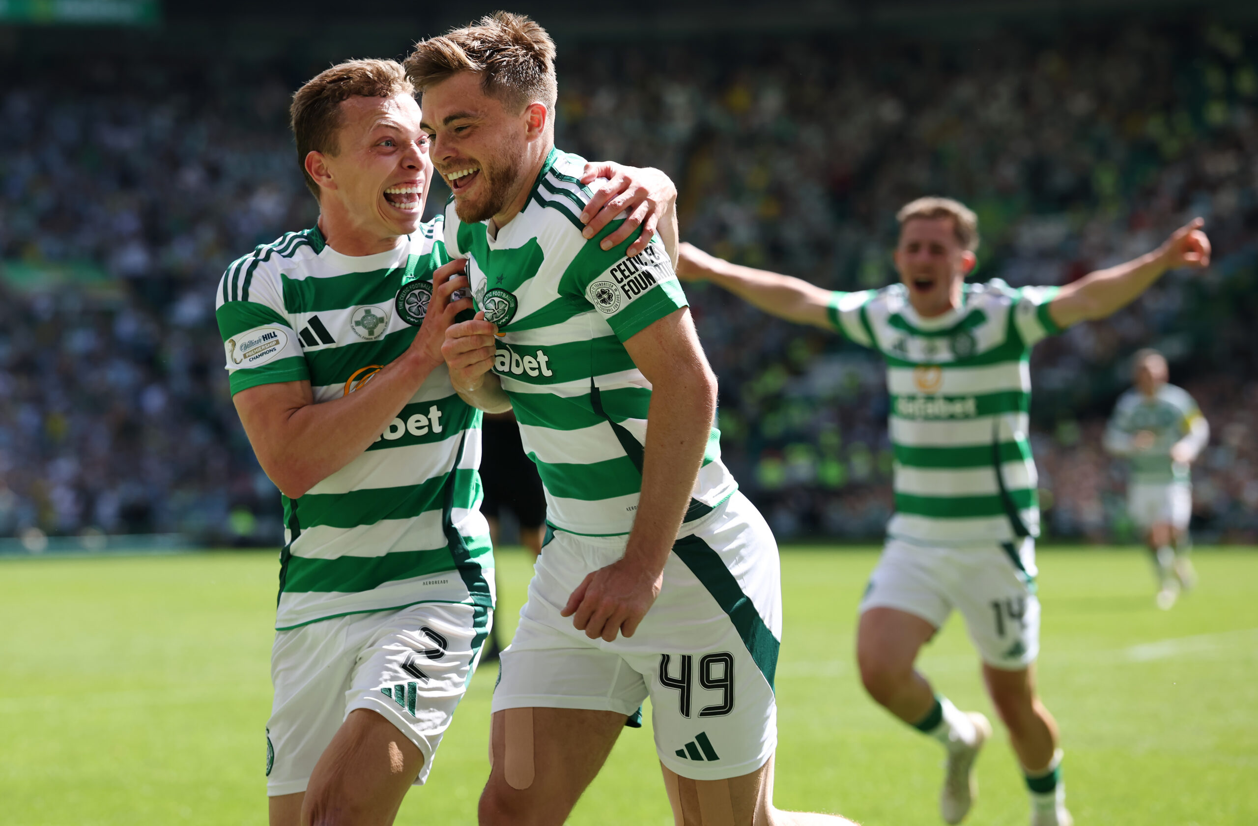 Celtic winger James Forrest celebrates a late equalizer against St Mirren