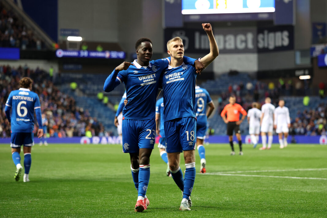 Rangers winger Gassama celebrates his goal
