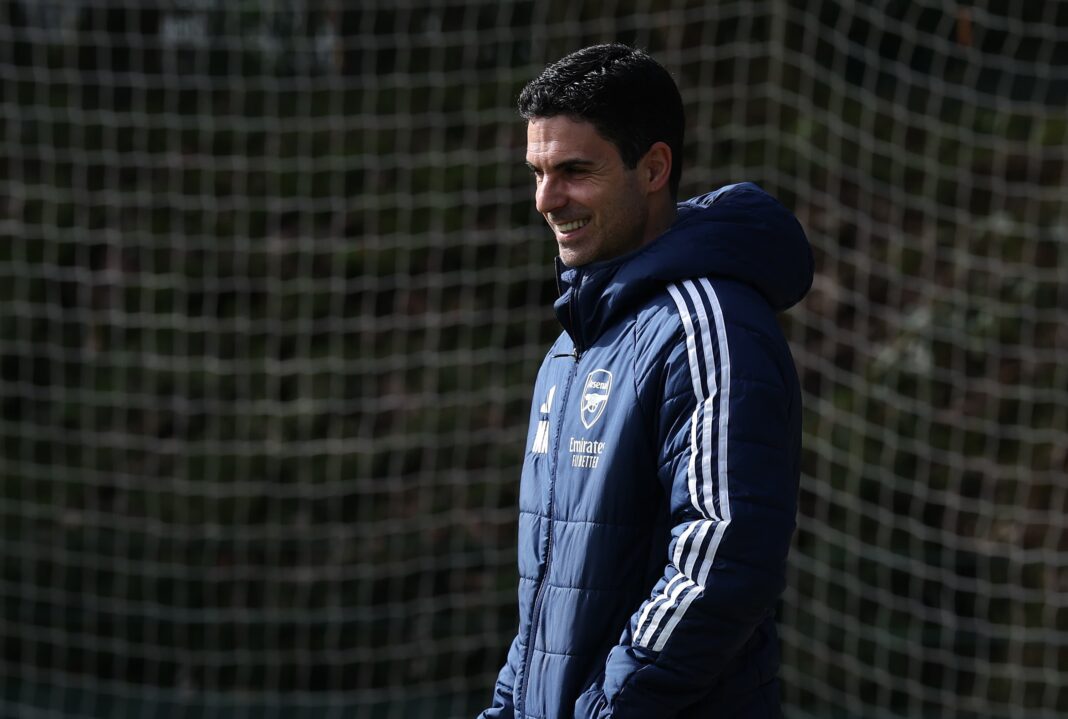 Mikel Arteta walks out of an Arsenal training session