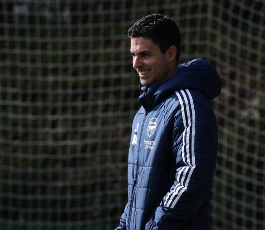 Mikel Arteta walks out of an Arsenal training session